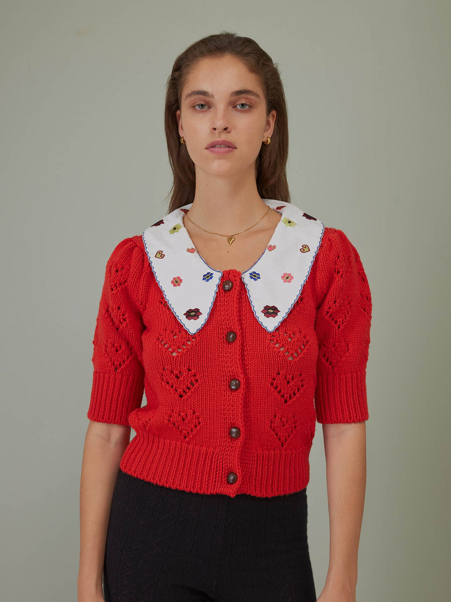 Heart On Your Sleeve Cardigan with Poplin Collar