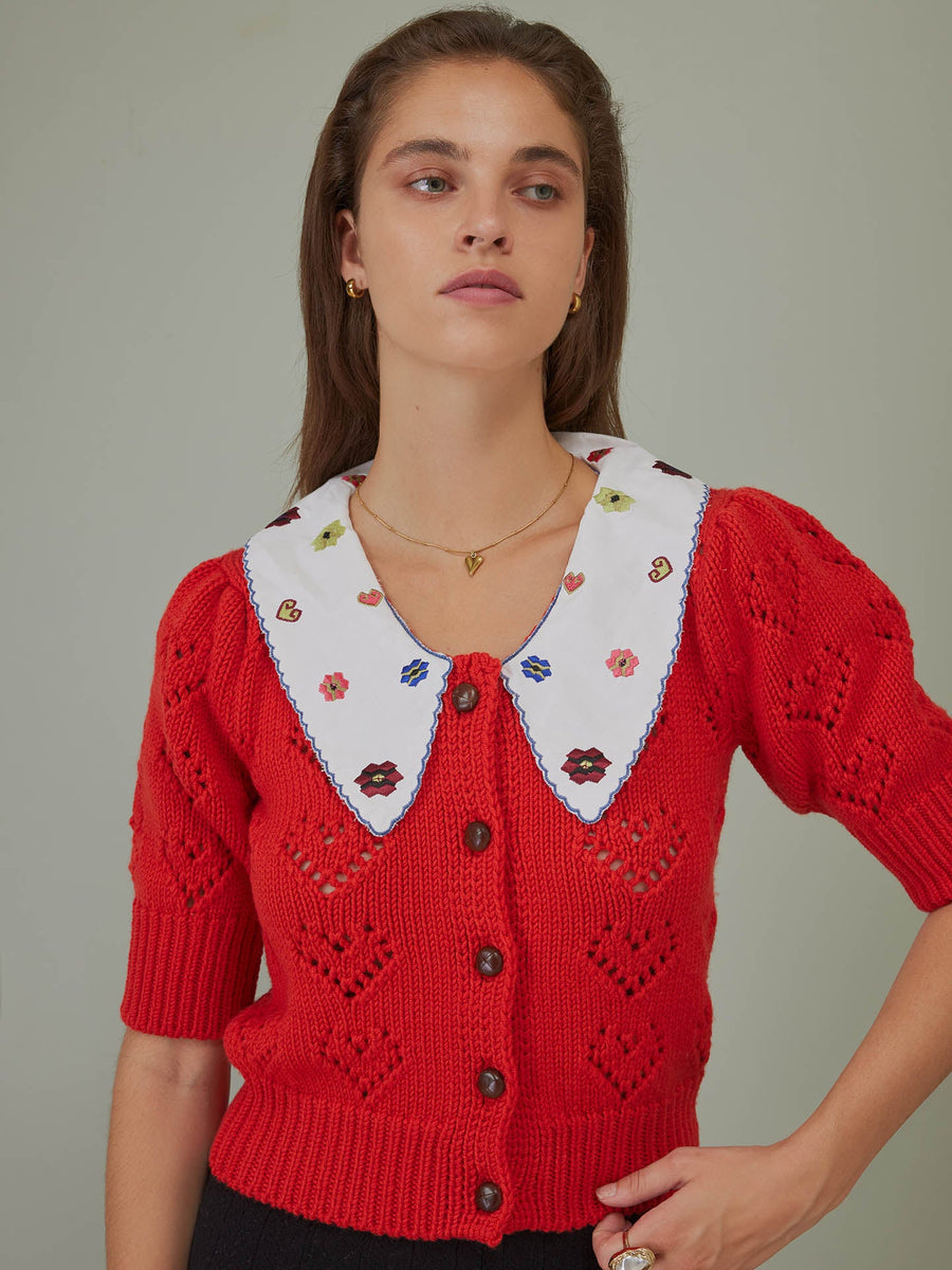 Heart On Your Sleeve Cardigan with Poplin Collar