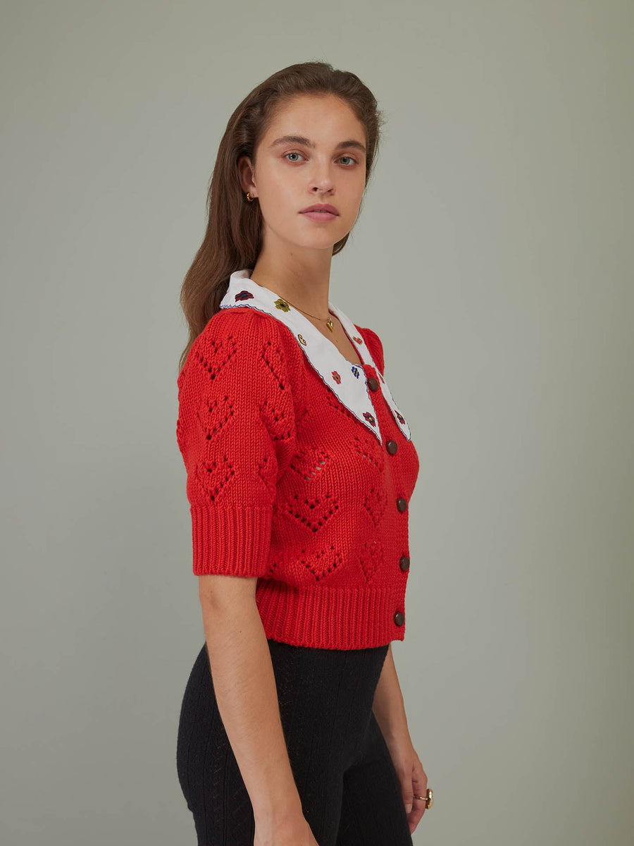 Heart On Your Sleeve Cardigan with Poplin Collar